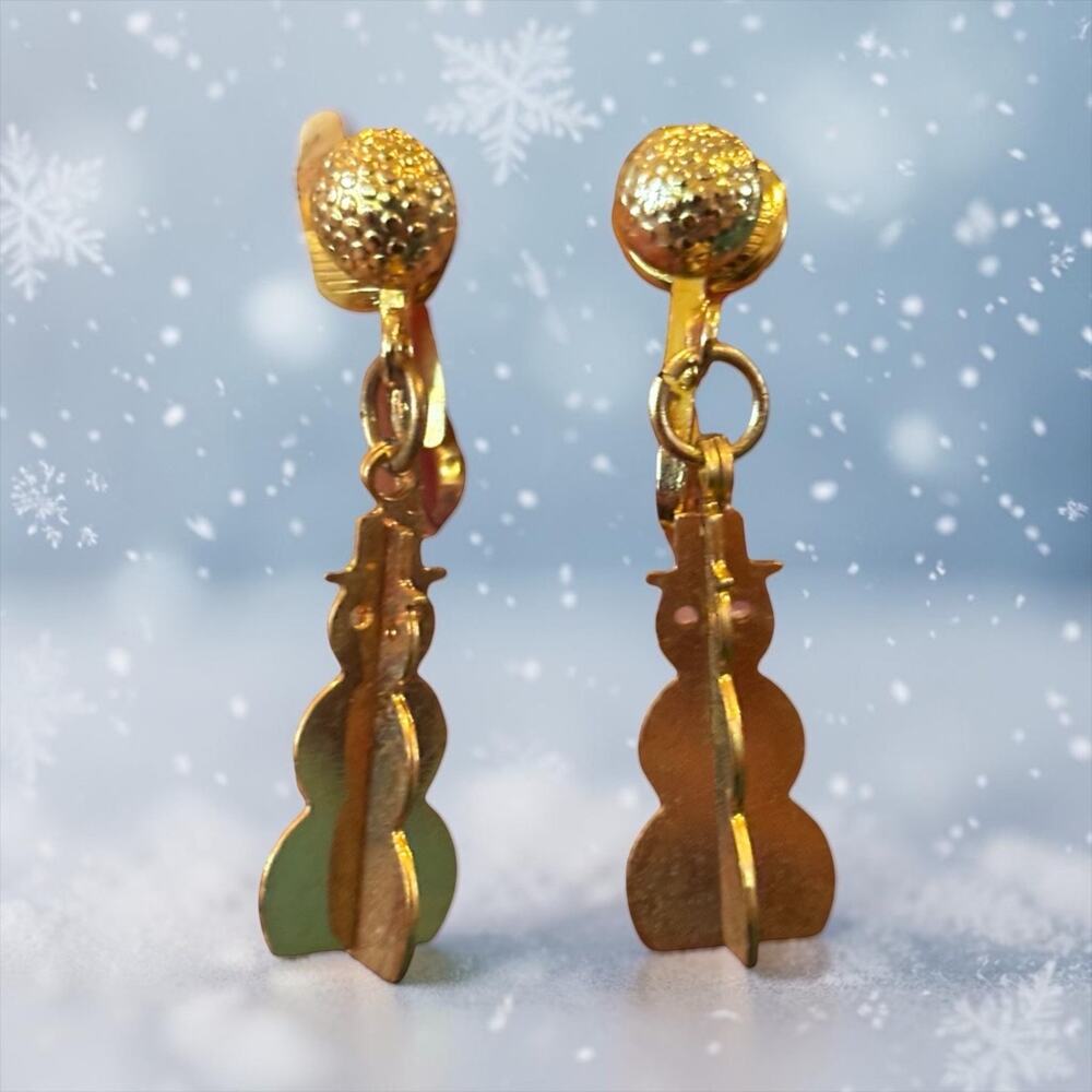 Vintage Snowman Dangle Clip Earrings Gold Tone Christmas Holiday Novelty Winter